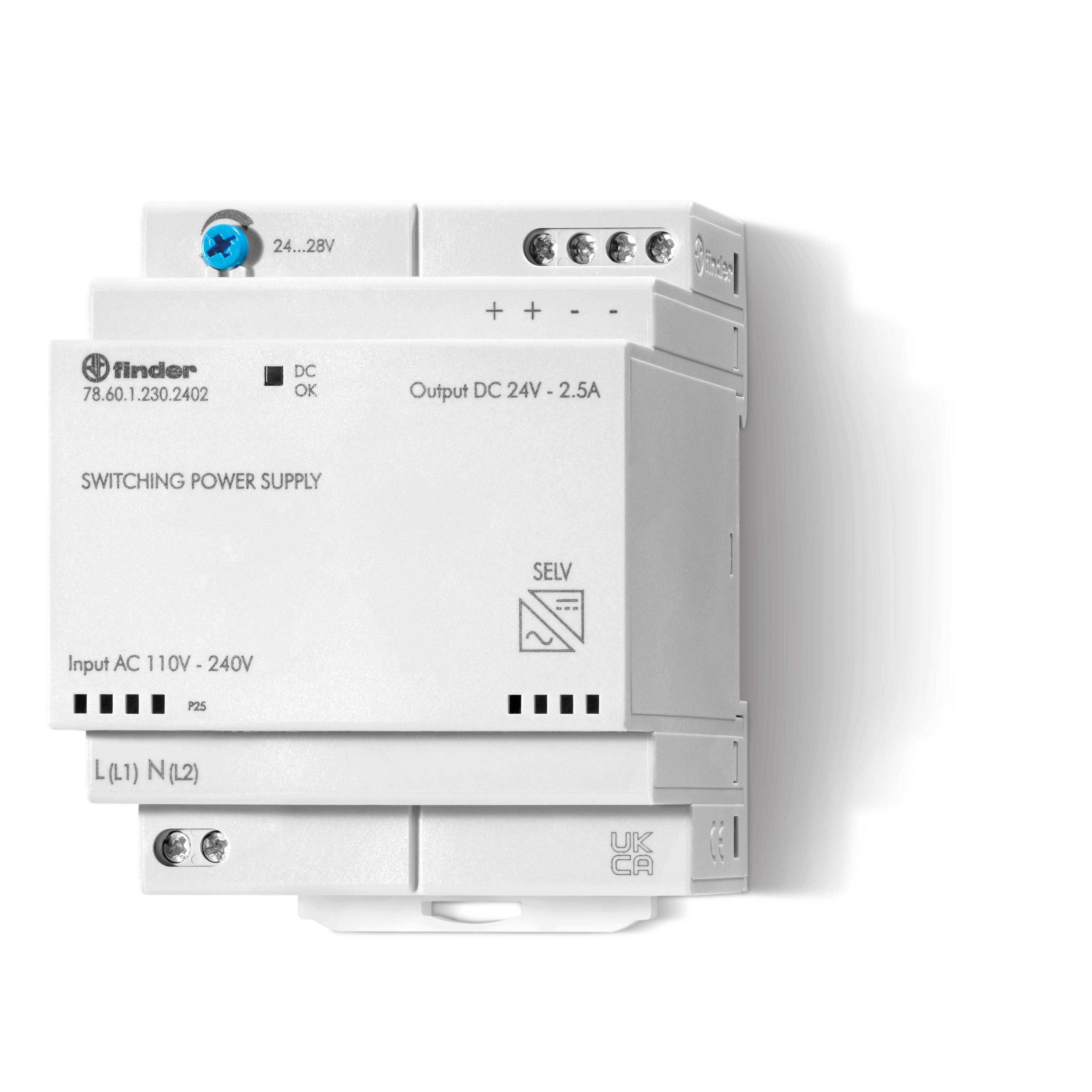 FUENTE DE ALIMENTACION RIEL DIN FINDER ENTREDA 110-240VAC/VDC, SALIDA 2,5A 60W 24VDC 786012302403