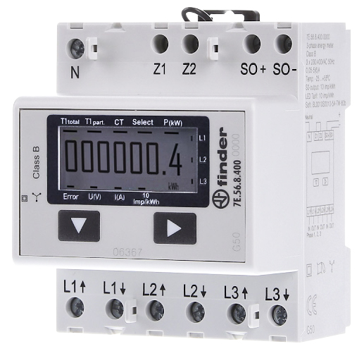 MEDIDOR DE ENERGIA TRIFASICO A RELACION HASTA 1500A PANTALLA LCD 3X230/400VAC 50HZ FINDER 7E568400