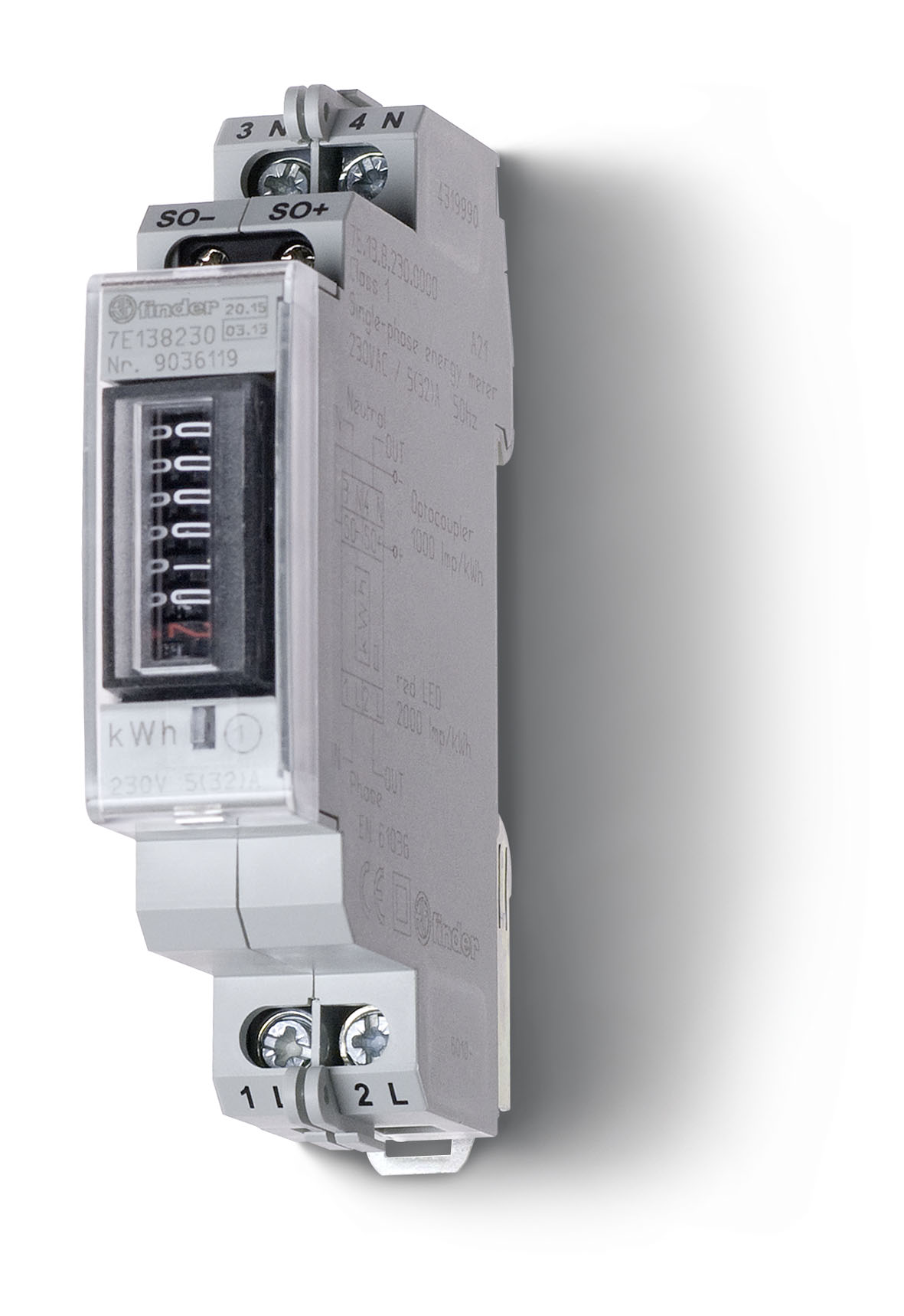 MEDIDOR DE ENERGIA MONOFASICO DIRECTO MECANICO 5...32A 230VAC 50HZ FINDER 7E1382300010